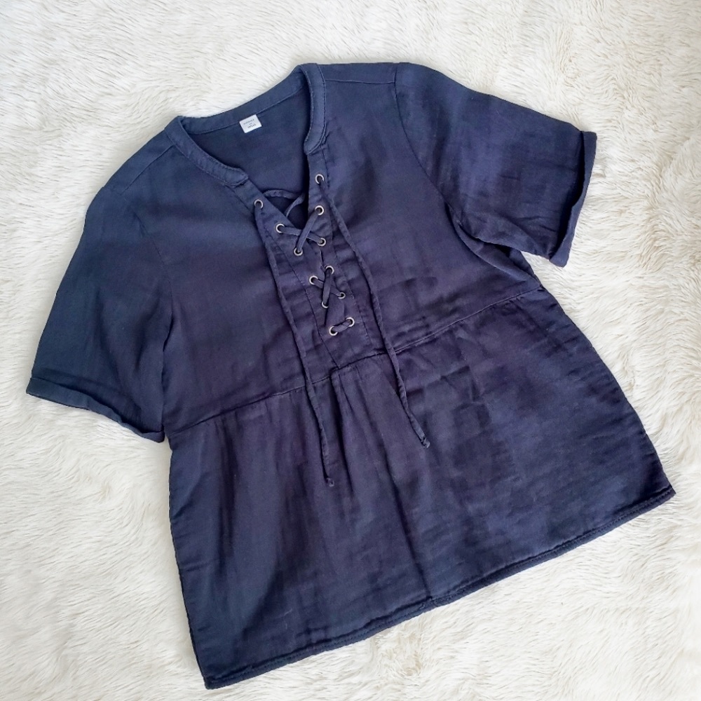 Dark Grey Soft Twil Laceup Peplum Hem Top